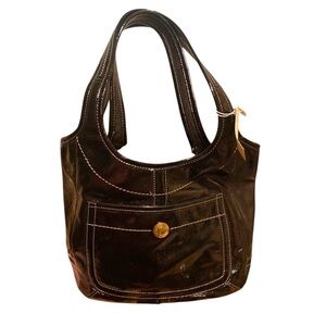 COACH Coach 11082 VNTG Anniversary Blk Hobo Satchel Patten Leather Striped Int.